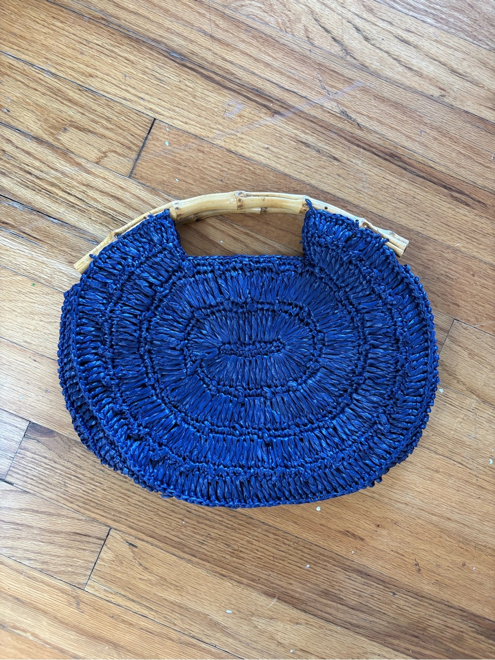 Vintage Talbots Navy Woven Round Tote with Bamboo Handle